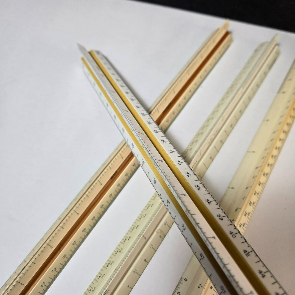 LOT (5) VTG 12" Engineer Architect Triangular Rulers Helix Hughes-Owens Keuffel - Picture 8 of 13